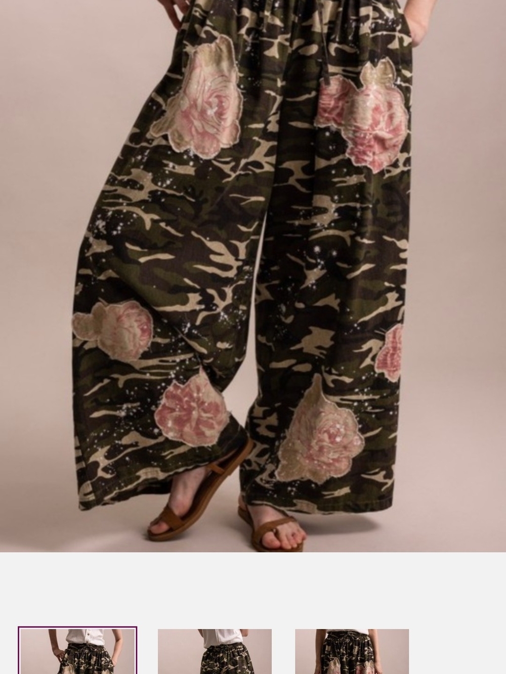 Floral Appliqué Camo Wide-Leg Pants - Green with Pink Accents
